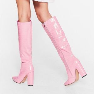 Faux Leather Croc Knee High Boots